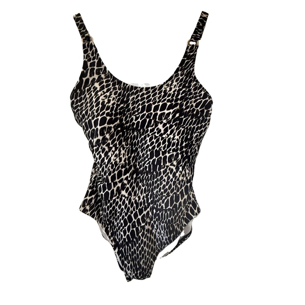 Calvin Klein 16 One Piece Swimsuit Black White Ruched Tummy Control Bathing Suit